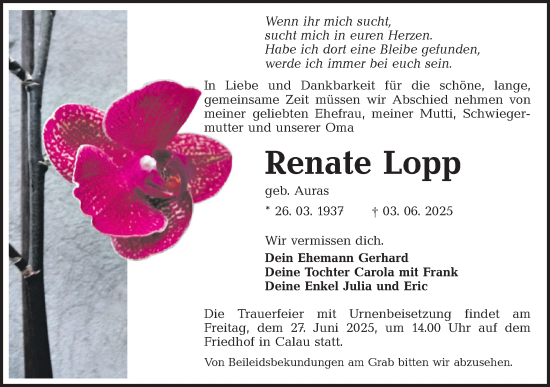 Traueranzeige von Renate Lopp von Lausitzer Rundschau