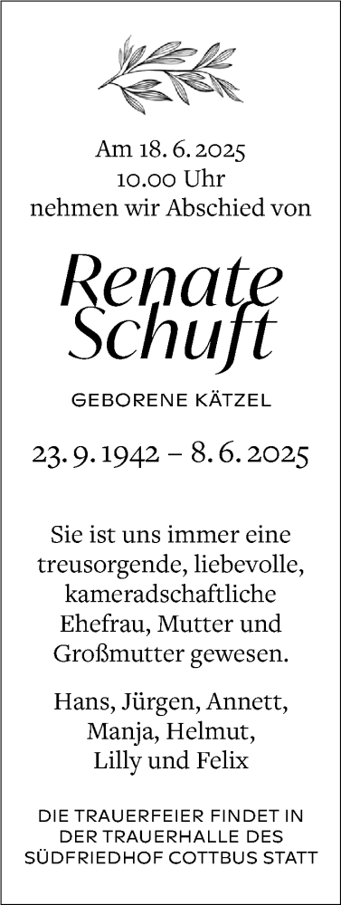 Traueranzeige von Renate Schuft von Lausitzer Rundschau