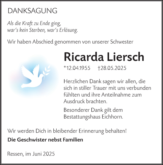 Traueranzeige von Ricarda Liersch von Lausitzer Rundschau