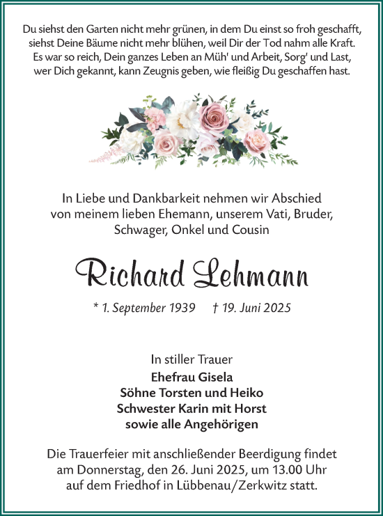 Traueranzeige von Richard Lehmann von Lausitzer Rundschau