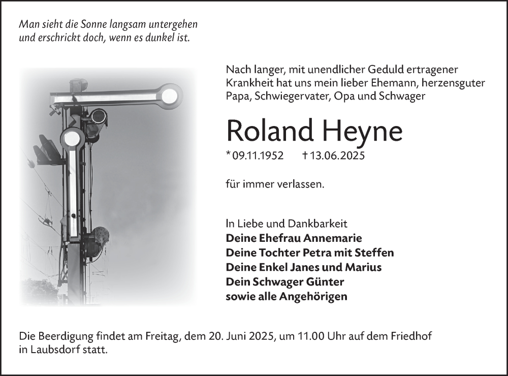  Traueranzeige für Roland Heyne vom 18.06.2025 aus Lausitzer Rundschau
