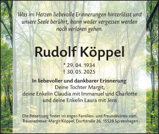 Traueranzeige von Rudolf Köppel von Lausitzer Rundschau