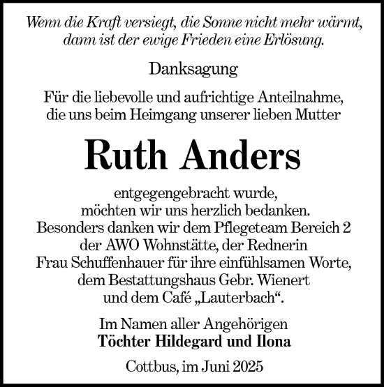Traueranzeige von Ruth Anders von Lausitzer Rundschau