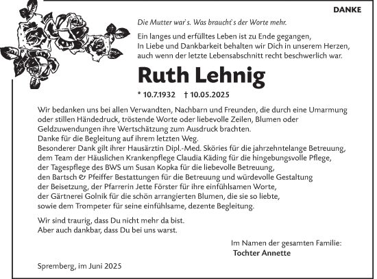 Traueranzeige von Ruth Lehnig von Lausitzer Rundschau