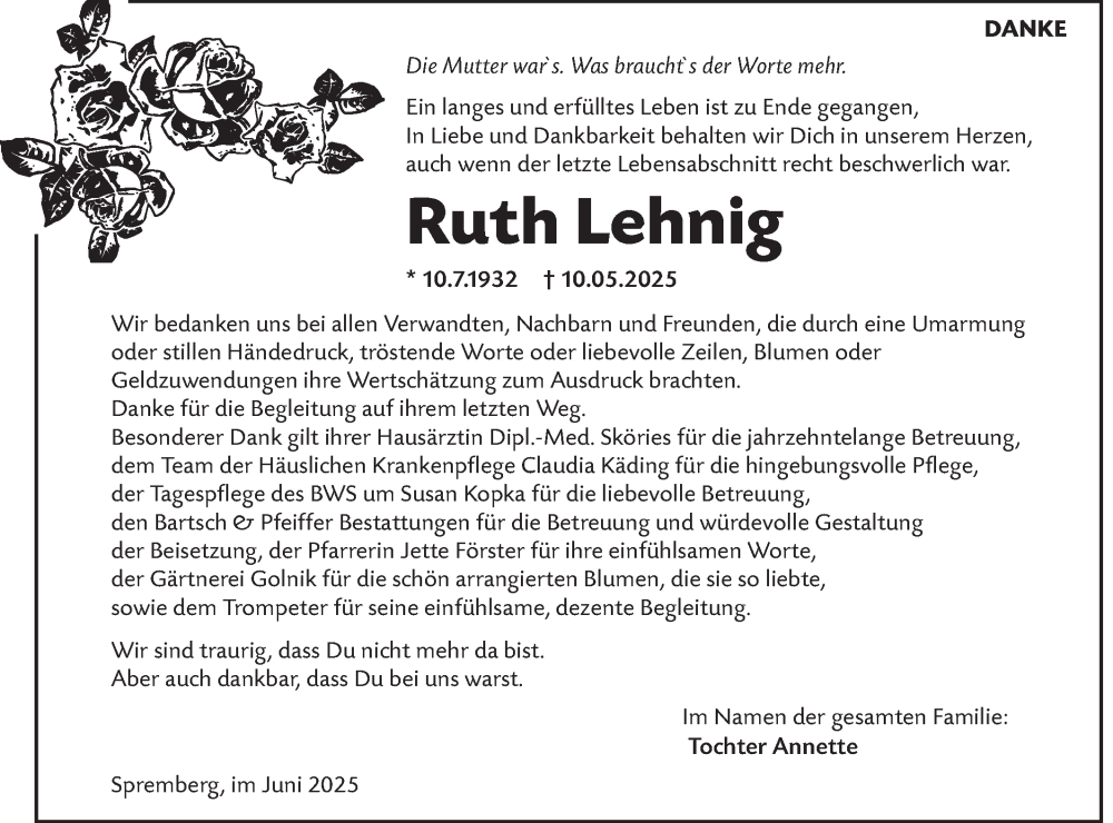  Traueranzeige für Ruth Lehnig vom 28.06.2025 aus Lausitzer Rundschau