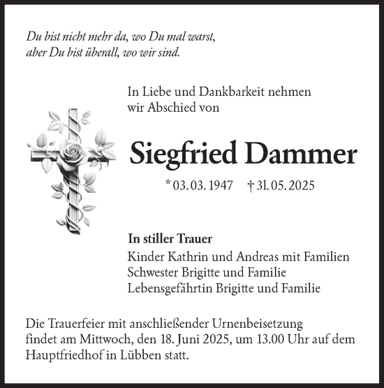 Traueranzeige von Siegfried Dammer von Lausitzer Rundschau