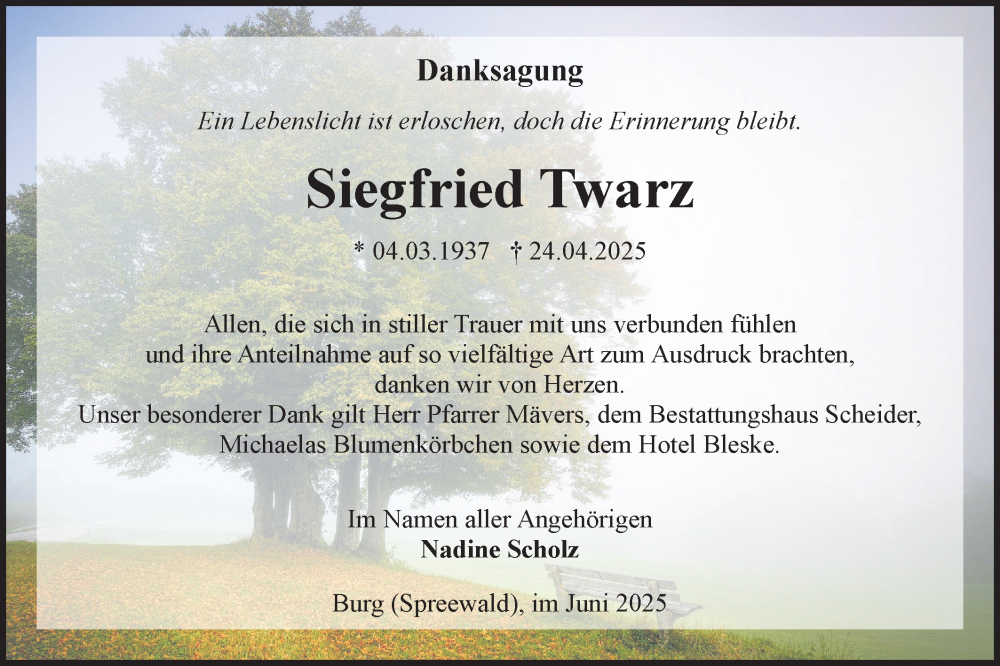  Traueranzeige für Siegfried Twarz vom 07.06.2025 aus Lausitzer Rundschau