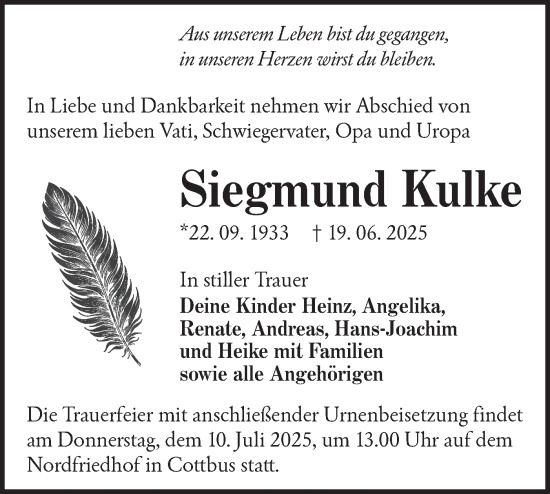 Traueranzeige von Siegmund Kulke von Lausitzer Rundschau