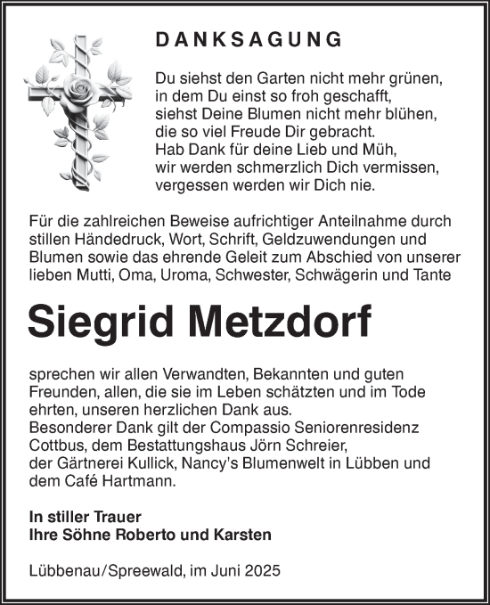 Traueranzeige von Siegrid Metzdorf von Lausitzer Rundschau