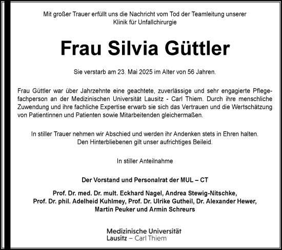 Traueranzeige von Silvia Güttler von Lausitzer Rundschau
