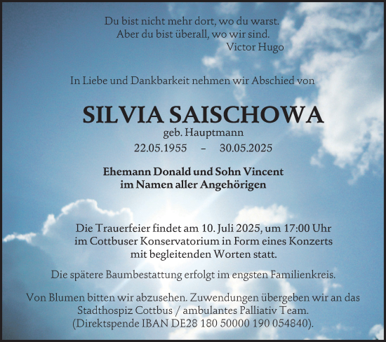 Traueranzeige von Silvia Saischowa von Lausitzer Rundschau