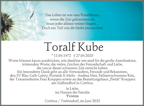 Traueranzeige von Toralf Kube von Lausitzer Rundschau
