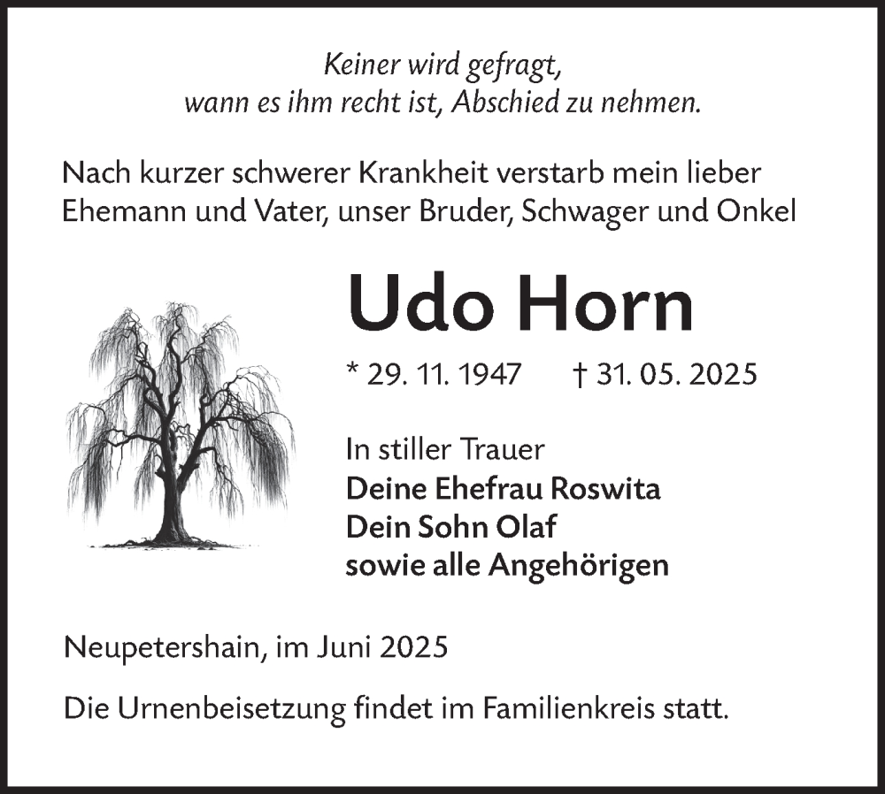  Traueranzeige für Udo Horn vom 14.06.2025 aus Lausitzer Rundschau