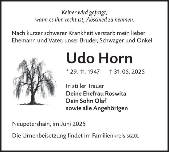 Traueranzeige von Udo Horn von Lausitzer Rundschau