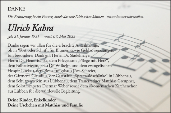 Traueranzeige von Ulrich Kabra von Lausitzer Rundschau