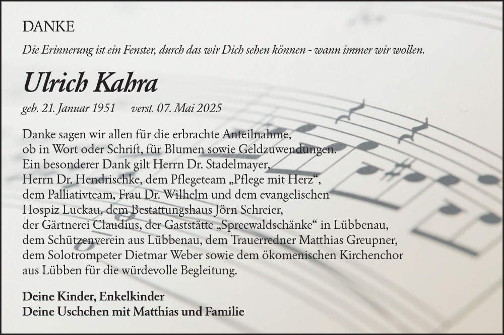  Traueranzeige für Ulrich Kabra vom 28.06.2025 aus Lausitzer Rundschau