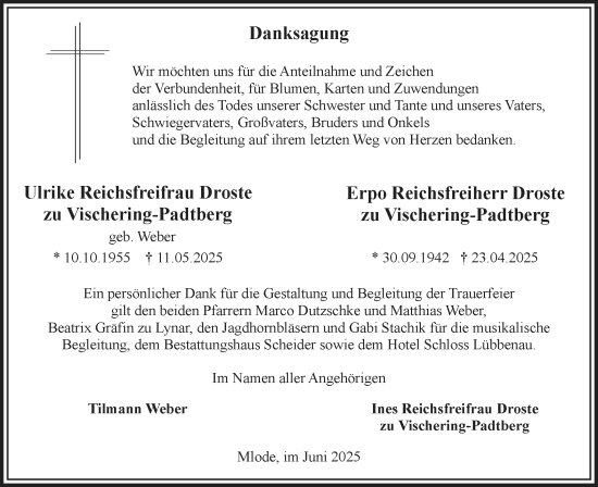 Traueranzeige von Ulrike und Erpo Reichsfreifrau und Reichsfreiherr Droste zu Vischering-Padtberg von Lausitzer Rundschau