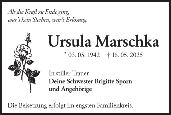 Traueranzeige von Ursula Marschka von Lausitzer Rundschau