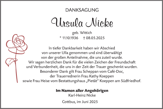 Traueranzeige von Ursula Nicke von Lausitzer Rundschau