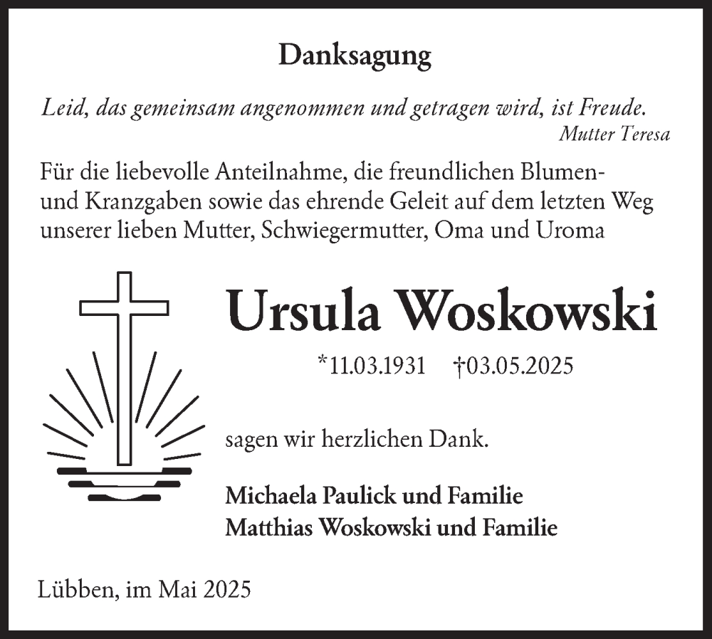  Traueranzeige für Ursula Woskowski vom 07.06.2025 aus Lausitzer Rundschau