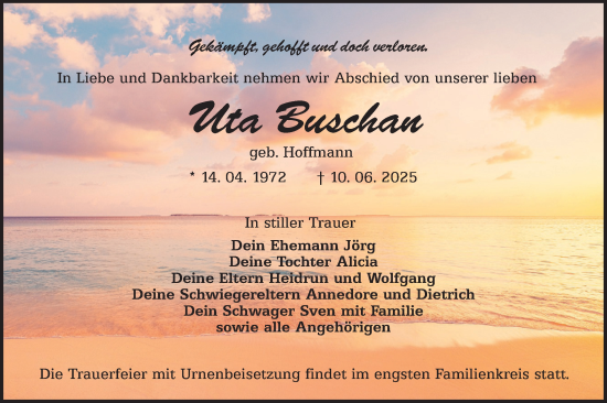 Traueranzeige von Uta Buschan von Lausitzer Rundschau