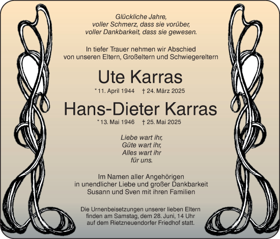 Traueranzeige von Ute Karras von Lausitzer Rundschau
