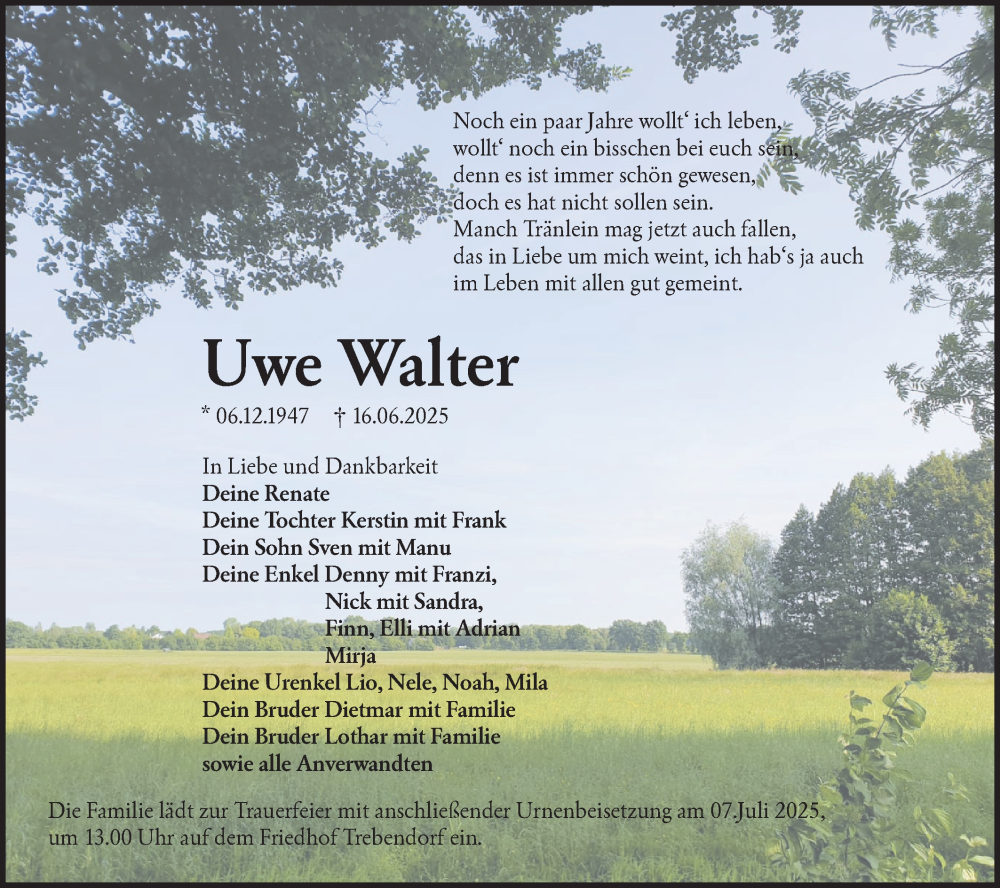  Traueranzeige für Uwe Walter vom 28.06.2025 aus Lausitzer Rundschau