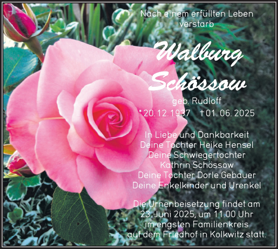 Traueranzeige von Walburg Schössow von Lausitzer Rundschau