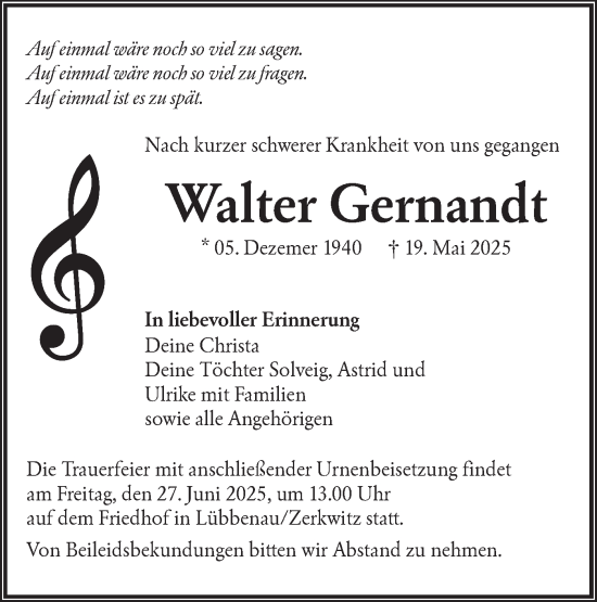 Traueranzeige von Walter Gernandt von Lausitzer Rundschau