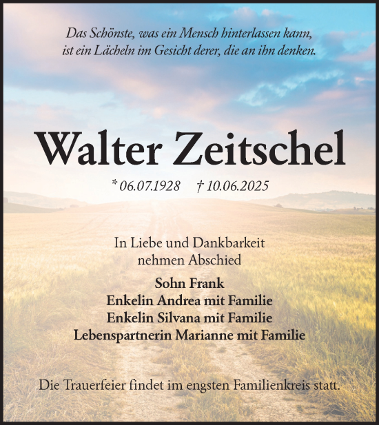 Traueranzeige von Walter Zeitschel von Lausitzer Rundschau