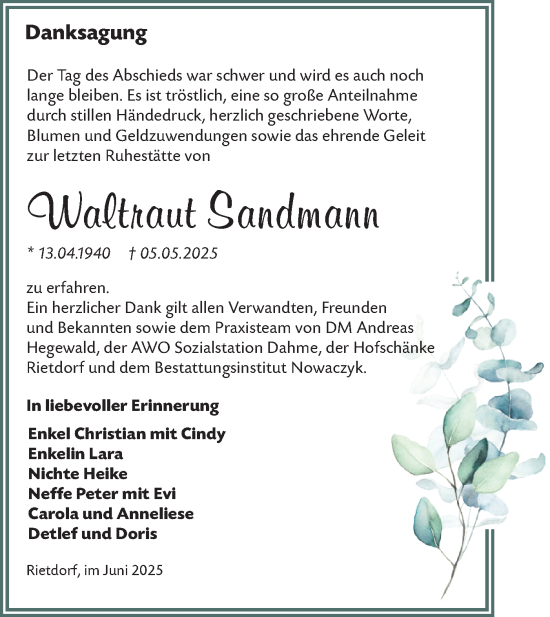 Traueranzeige von Waltraut Sandmann von Lausitzer Rundschau