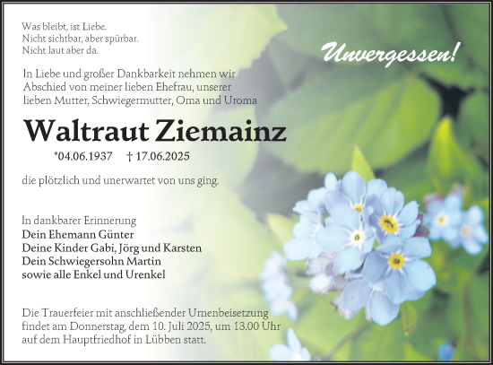 Traueranzeige von Waltraut Ziemainz von Lausitzer Rundschau