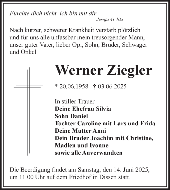 Traueranzeige von Werner Ziegler von Lausitzer Rundschau