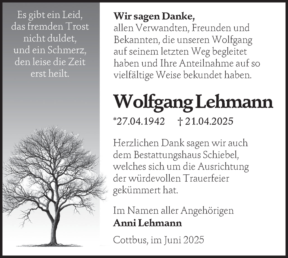  Traueranzeige für Wolfgang Lehmann vom 14.06.2025 aus Lausitzer Rundschau