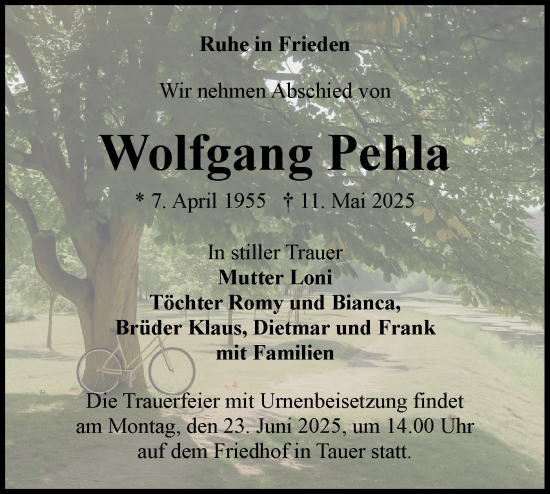 Traueranzeige von Wolfgang Pehla von Lausitzer Rundschau