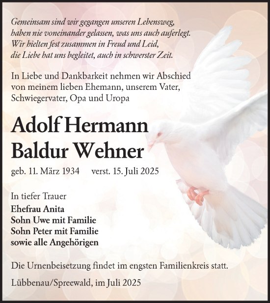 Traueranzeige von Adolf Hermann Baldur Wehner von Lausitzer Rundschau