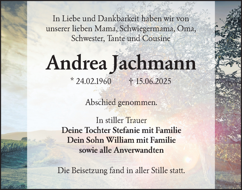  Traueranzeige für Andrea Jachmann vom 12.07.2025 aus Lausitzer Rundschau