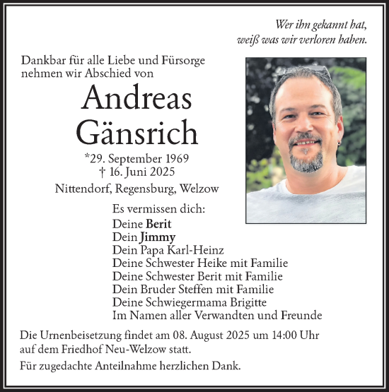 Traueranzeige von Andreas Gänsrich von Lausitzer Rundschau