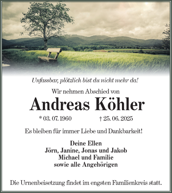 Traueranzeige von Andreas Köhler von Lausitzer Rundschau