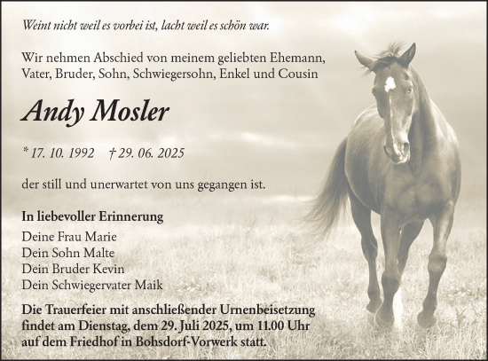 Traueranzeige von Andy Mosler von Lausitzer Rundschau