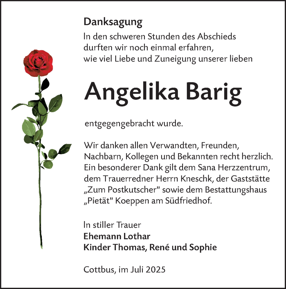  Traueranzeige für Angelika Barig vom 19.07.2025 aus Lausitzer Rundschau