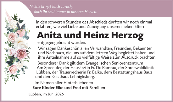 Traueranzeige von Anita und Heinz Herzog von Lausitzer Rundschau