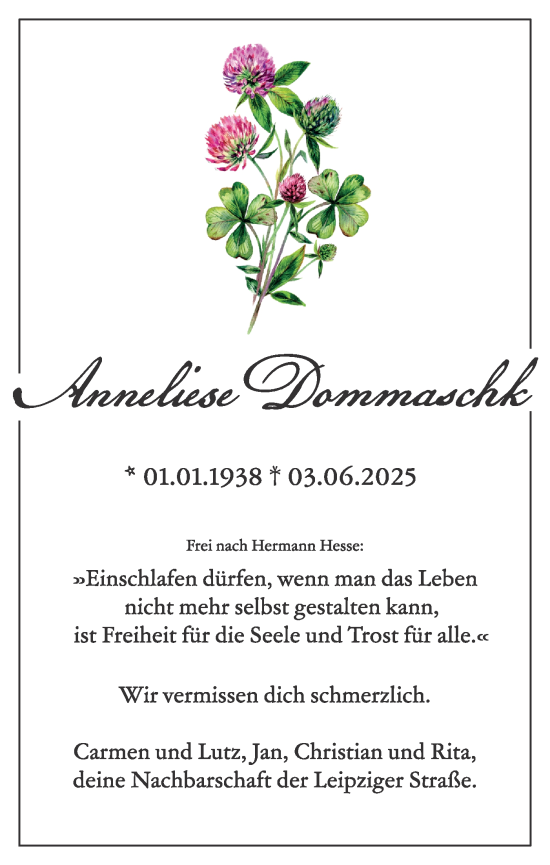 Traueranzeige von Anneliese Dommaschk von Lausitzer Rundschau