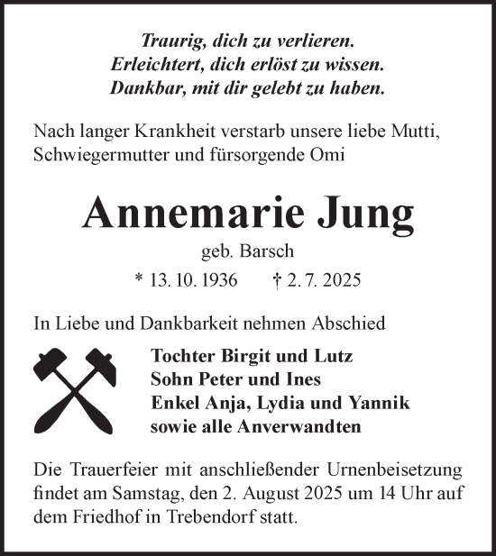 Traueranzeige von Annemarie Jung von Lausitzer Rundschau