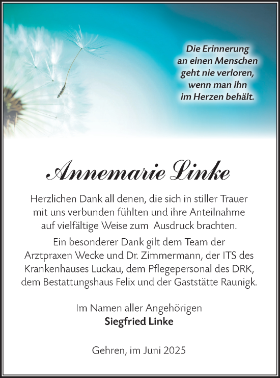 Traueranzeige von Annemarie Linke von Lausitzer Rundschau