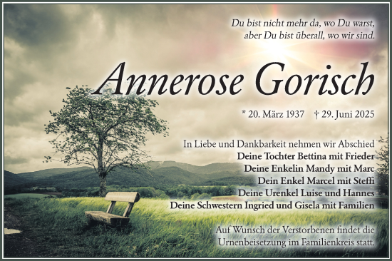 Traueranzeige von Annerose Gorisch von Lausitzer Rundschau