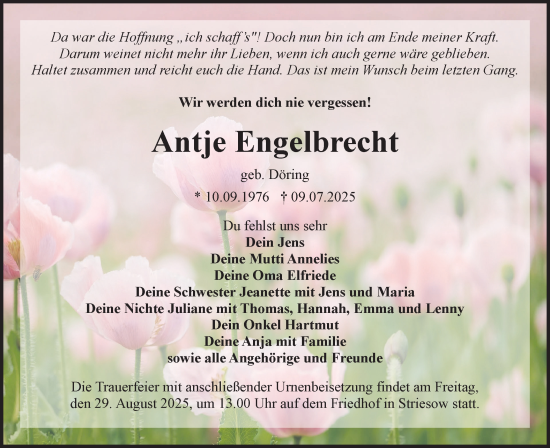Traueranzeige von Antje Engelbrecht von Lausitzer Rundschau