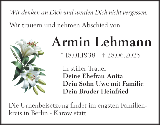 Traueranzeige von Armin Lehmann von Lausitzer Rundschau