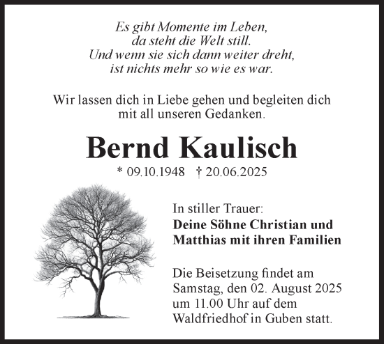 Traueranzeige von Bernd Kaulisch von Lausitzer Rundschau