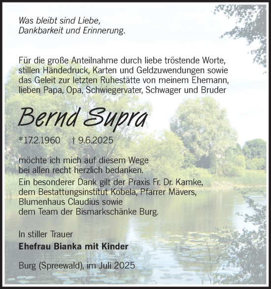 Traueranzeige von Bernd Supra von Lausitzer Rundschau